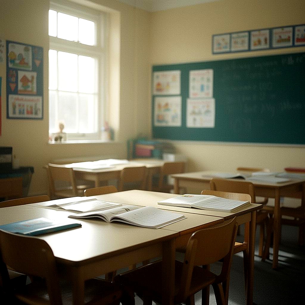 A quiet empty UK classroom in soft morning light with open exercise books on a wooden table
