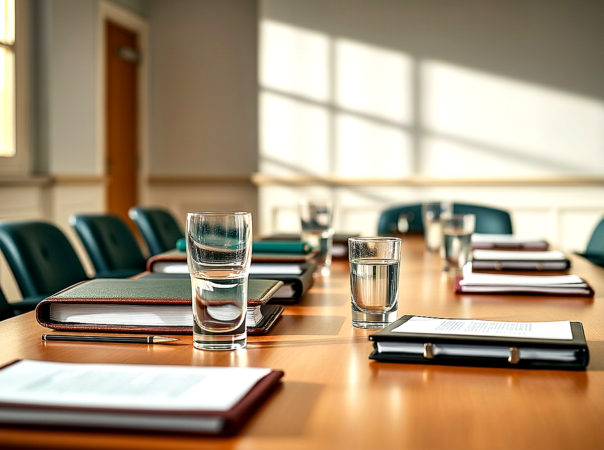 Quiet boardroom table set with leather folders, notepads and water glasses in warm natural light