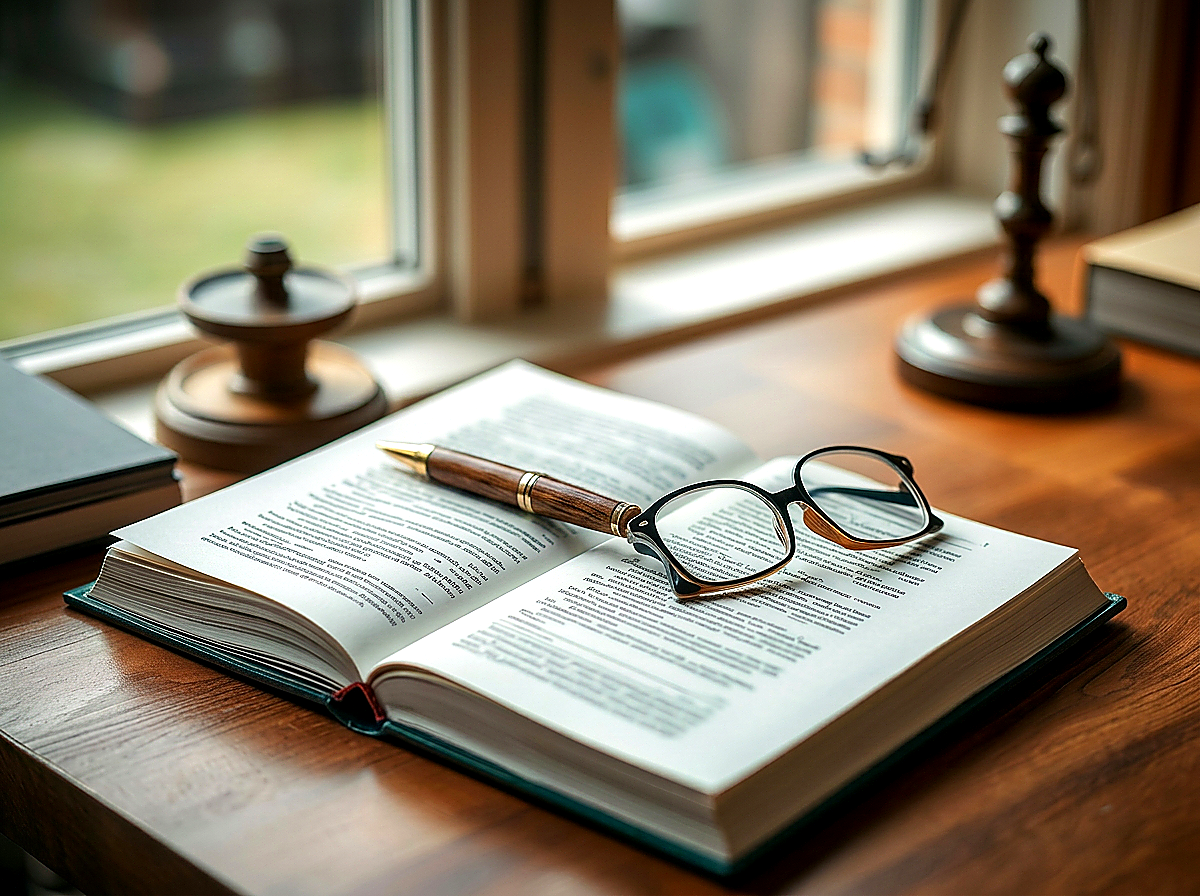 Open legal textbook with reading glasses and a fountain pen on a warm wooden desk in soft window light