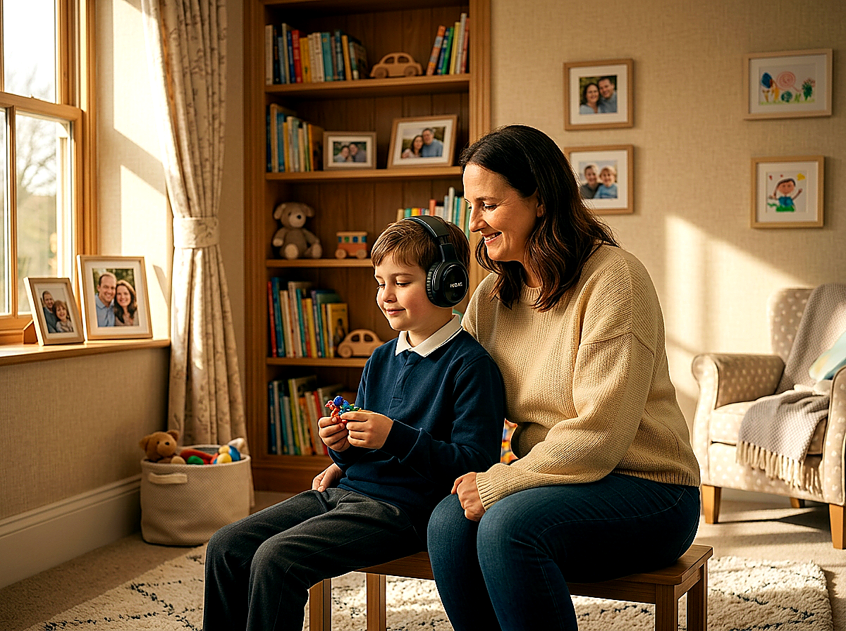 A mother sitting supportively with her neurodivergent child in a calm, softly lit learning space